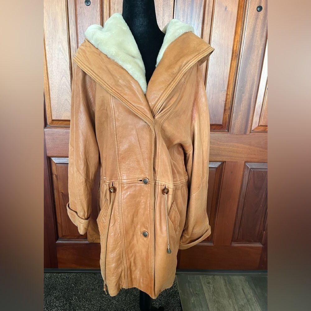 La Nouvelle Renaissance Leather Jacket Med Tan Waist Cinch Mid Length Zip Hood